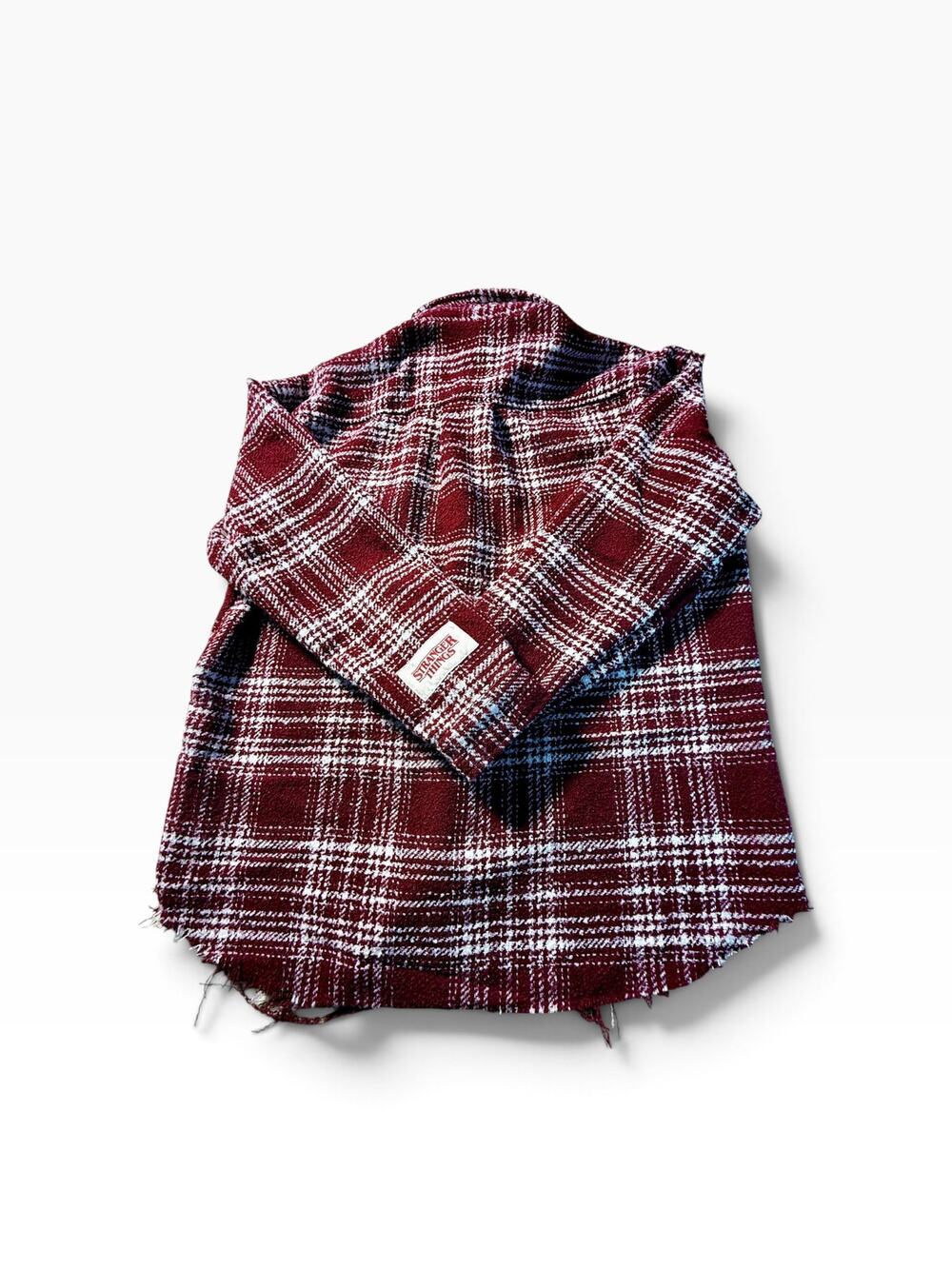 NWT PacSun Stranger Things Flannel Shirt Mens L Red Plaid Distressed Raw Hem